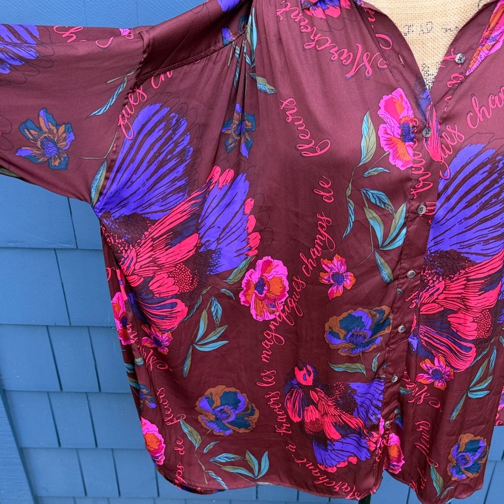 Free People Burgundy Floral Button-Down Shirt oversized - Picture 7 of 10